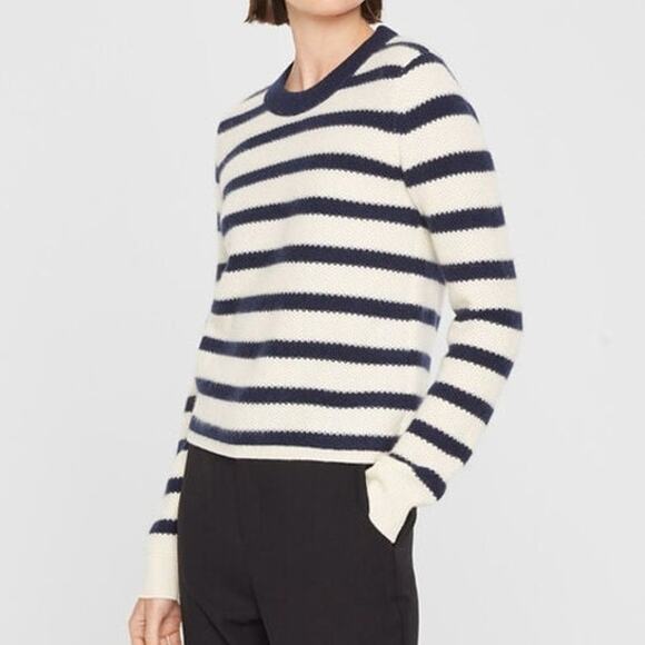 Club Monaco NWT Cashmere Navy Stripe Honeycomb Crewneck Soft Rib Knit Sweater XL - Picture 1 of 10